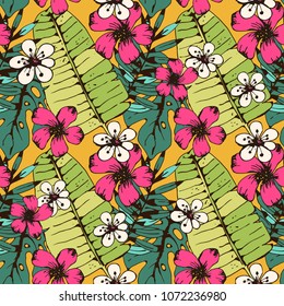 Seamless pattern with tropical flowers, palm leaves. Floral background. Summer print. Botanical texture. Wallpaper