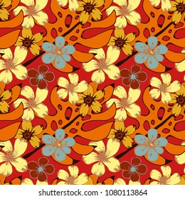 Seamless pattern with tropical flowers, palm leaves. Floral background. Summer print. Fabric design
