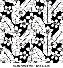 Seamless pattern with tropical flowers, palm leaves. Floral background texture. Fabric design in black and white