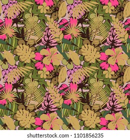 Seamless pattern with tropical flowers, palm leaves. Floral background texture. Fabric design
