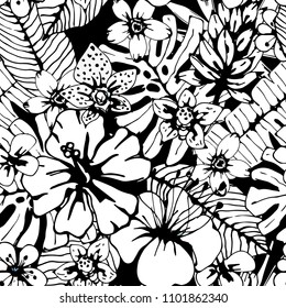 Seamless pattern with tropical flowers, palm leaves. Floral background texture. Fabric design