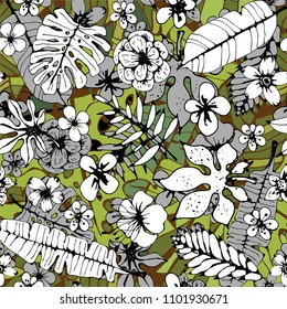 Seamless pattern with tropical flowers, palm leaves. Floral background texture. Fabric design