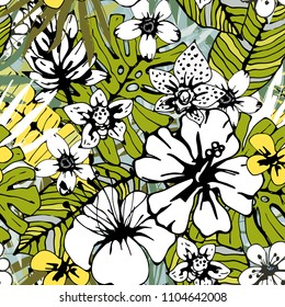 Seamless pattern with tropical flowers, palm leaves. Floral background texture. Fabric design