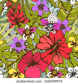 Seamless pattern with tropical flowers, palm leaves. Floral background texture. Fabric design