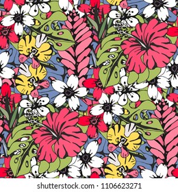 Seamless pattern with tropical flowers, palm leaves. Floral background texture. Fabric design