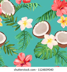 seamless pattern with tropical flowers, palm leaves and coconuts