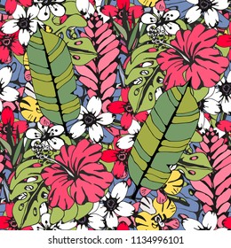 Seamless pattern with tropical flowers, palm leaves. Floral background texture. Fabric design