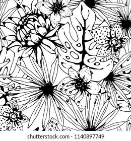 Seamless pattern with tropical flowers, palm leaves. Floral background texture. Summer print. Fabric design in black and white