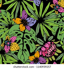 Seamless pattern with tropical flowers, palm leaves. Floral background texture. Summer print. Fabric design