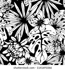 Patrón inoxidable con flores tropicales, hojas de palma. Textura de fondo floral. Impresión de verano. Diseño de tejido en blanco y negro