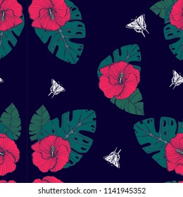 seamless pattern of tropical flowers and palm leaves on dark background, hand drawing, vector