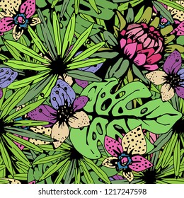 Seamless pattern with tropical flowers, palm leaves. Floral background texture. Summer print. Fabric design