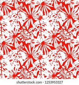 Seamless pattern with tropical flowers, palm leaves. Floral background texture. Summer print. Fabric design