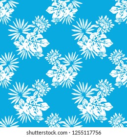 Seamless pattern with tropical flowers, palm leaves. Hawaiian print. Floral background texture. Fabric design