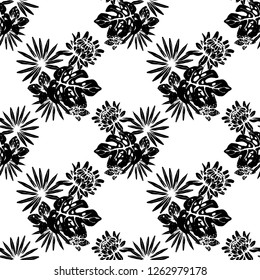 Seamless pattern with tropical flowers, palm leaves. Hawaiian print. Floral background texture. Fabric design