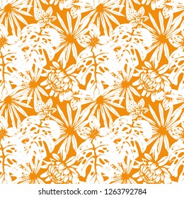 Seamless pattern with tropical flowers, palm leaves. Hawaiian print. Floral background texture. Fabric design