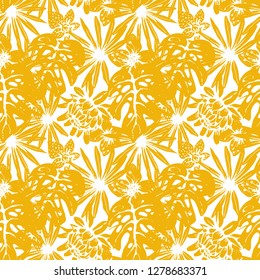 Seamless pattern with tropical flowers, palm leaves. Hawaiian print. Floral background texture. Fabric design