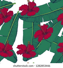 seamless pattern, tropical flowers and palm leaves, vector, hand drawing