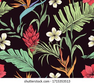 Patrón sin inconvenientes con flores tropicales y hojas de palma en un fondo oscuro