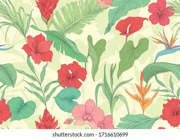 Seamless pattern with tropical flowers and palm leaves