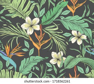Seamless pattern with tropical flowers and palm leaves
