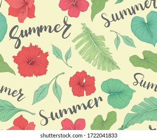 Seamless pattern with tropical flowers, palm leaves and lettering