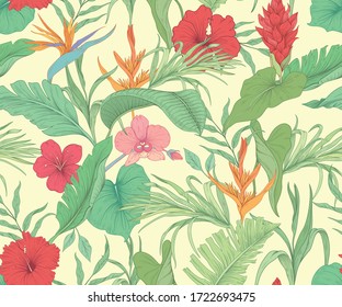 Seamless pattern with tropical flowers and palm leaves
