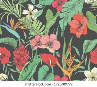 Seamless pattern with tropical flowers and palm leaves
