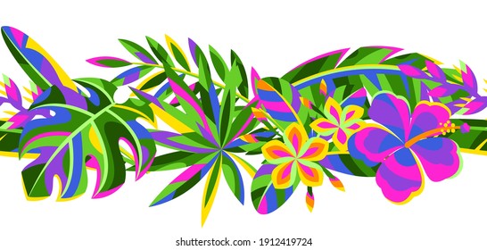 Seamless pattern with tropical flowers and palm leaves. Summer exotic floral decorative background.