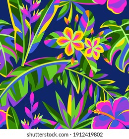 Seamless pattern with tropical flowers and palm leaves. Summer exotic floral decorative background.