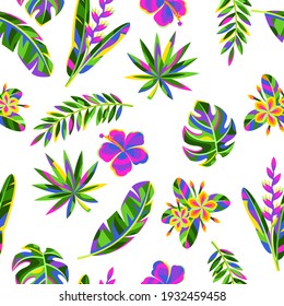 Patrón sin foco con flores tropicales y hojas de palma. Fondo de decoración floral exótico de verano.