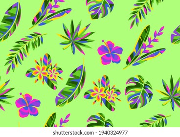 Seamless pattern with tropical flowers and palm leaves.