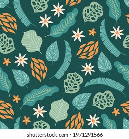 Seamless pattern with tropical flowers and palm leaves on dark green background. Perfect for wallpaper, wrapping paper, summer greeting cards. Scandinavian style. Hand drawn vector illustration