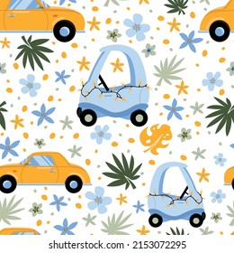 Patrón incomparable con flores tropicales, palmeras y retro. Ilustración vectorial de verano