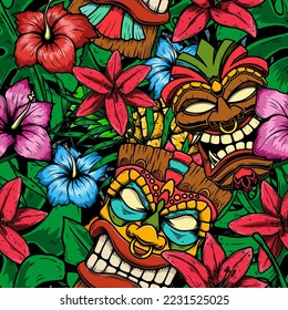 Seamless pattern with tropical flowers, palm leaves, monstera leaves and tiki mask. Vector illustration. 