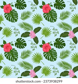 Seamless pattern with tropical flowers, palm tree leaves. Clipping mask applied.