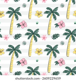 Seamless pattern with tropical flowers and palm trees with black outline. Sketch, line art drawing style. Tropical backckground. 