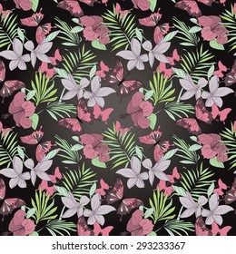 Seamless pattern with tropical flowers, palm leaves and butterflies, vector illustration