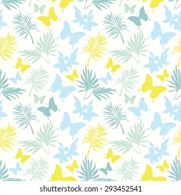 Seamless pattern with tropical flowers, palm leaves and butterflies, vector illustration