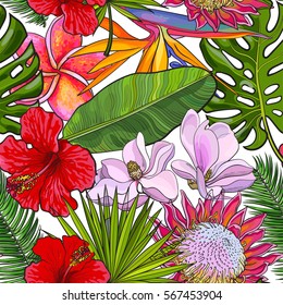 Seamless pattern with tropical flowers and palm leaves, on white background, sketch vector illustration. Hand drawn seamless pattern, background, wrapping paper design with exotic, tropical flowers