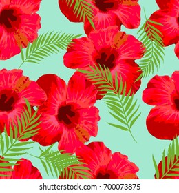 Seamless pattern with tropical flowers, palm leaves, exotic jungle background hibiscus