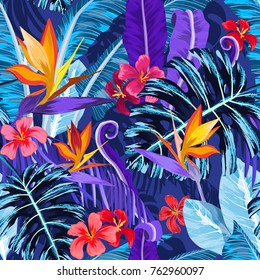 Seamless pattern with tropical flowers and plants