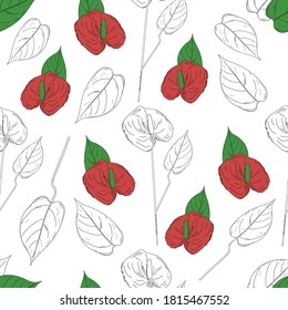 Seamless pattern with with tropical flowers. red Anthurium flowers and leaves on white background. Fashionable exotic background. Fashionable and elegant design for fabric, decor, interior. (Araceae)