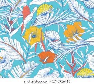 Seamless pattern with tropical flowers and sea shells
