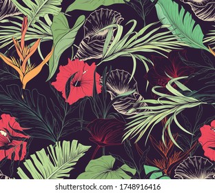 Seamless pattern with tropical flowers and sea shells
