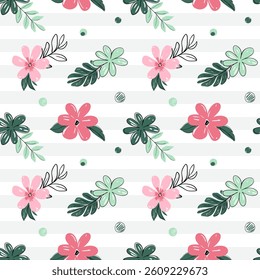 Seamless pattern with tropical flowers. Sketch, line art drawing style. Tropical leaves backckground. 