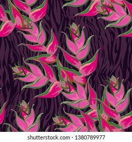 Seamless pattern with tropical flowers and the skin of a tiger, zebra.