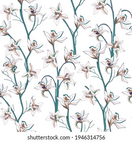 Seamless pattern of tropical flowers. Vanilla and lily on a white background, wildflowers for fabrics, dresses, bedding and homemade dough.