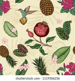 Seamless pattern with tropical flowers. Vector illustration.