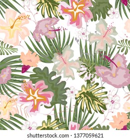 Seamless pattern of tropical flowers. Vector illustration.